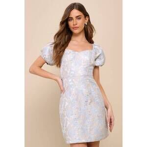 Lulus Cutest Praise Light Blue Floral Jacquard Puff Sleeve Mini Dress - Size XL